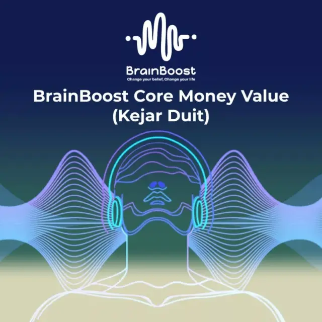 Cover audio BrainBoost Core Money Value (Kejar Duit) dengan ilustrasi headphone dan gelombang suara
