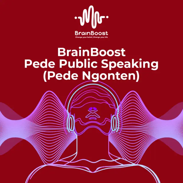 Cover audio BrainBoost Pede Public Speaking (Pede Ngonten) dengan ilustrasi gelombang suara dan headphone