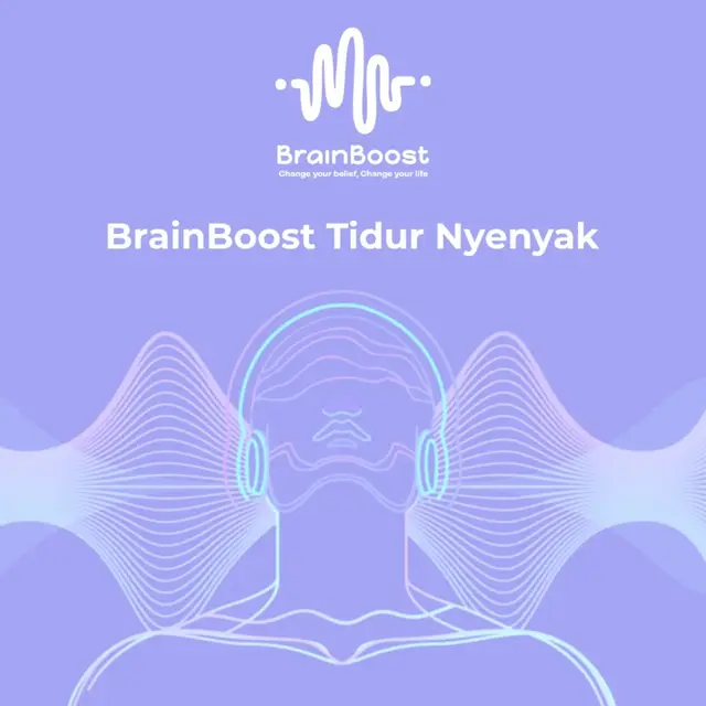 Cover audio BrainBoost Tidur Nyenyak dengan ilustrasi headphone dan gelombang suara berwarna ungu lembut